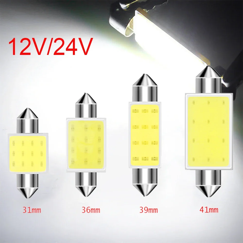 10Pcs/Lot C5W LED Bulb Festoon 31/36/39/41mm 12V 24V COB 6500K White Car Interior Dome Reading Lights Trunk License Plate Lamp T