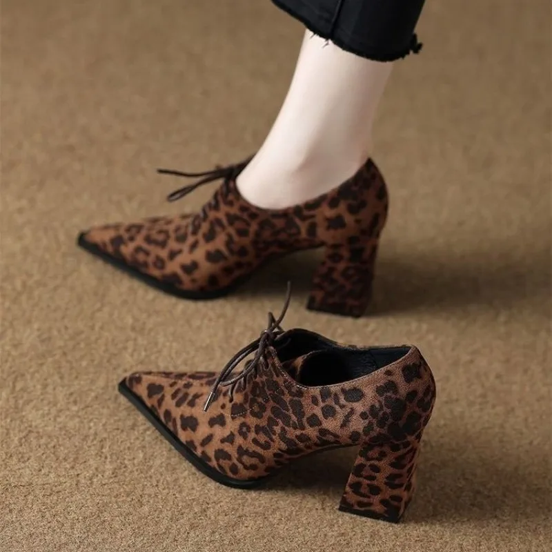 

Shoes for Women Temperament Pointed Toe Thick Heel Pumps High Quality Suede Casual Shoes Lace Up Oxford Pumps Zapatos De Mujer