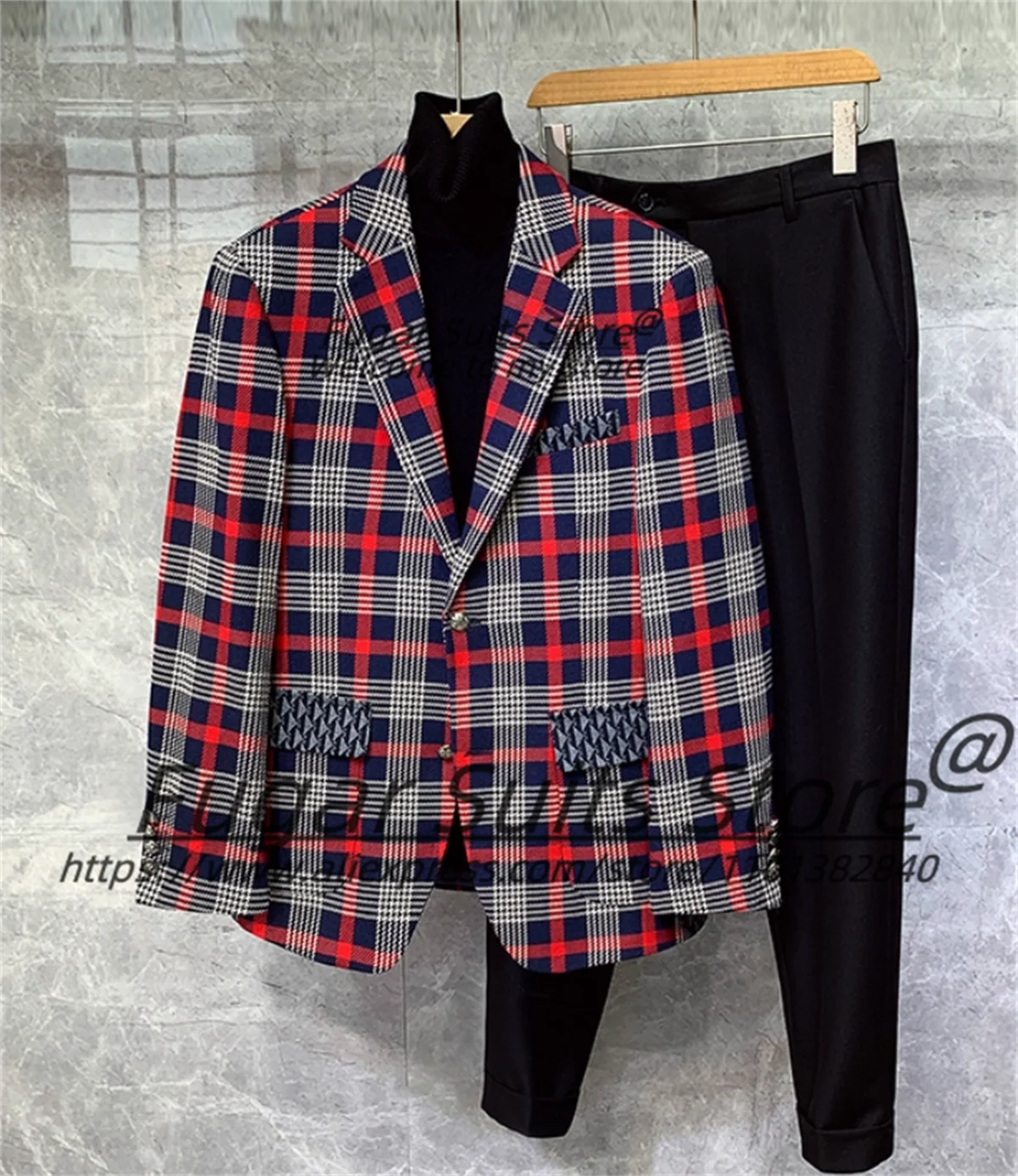 

High-end Handsome Plaid Men Suits Male Prom Blazers 2 Pieces Sets Customized Slim Notched Lapel Man Meeting Tuxedos Ropa Hombre