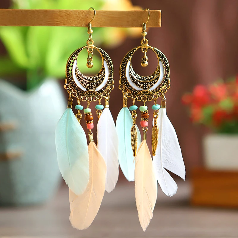 Antique Gold Color Crescent Design Feather Earrings for Women Long Ethnic Elegant Earring Boho Party Vacation Daily Jewelry