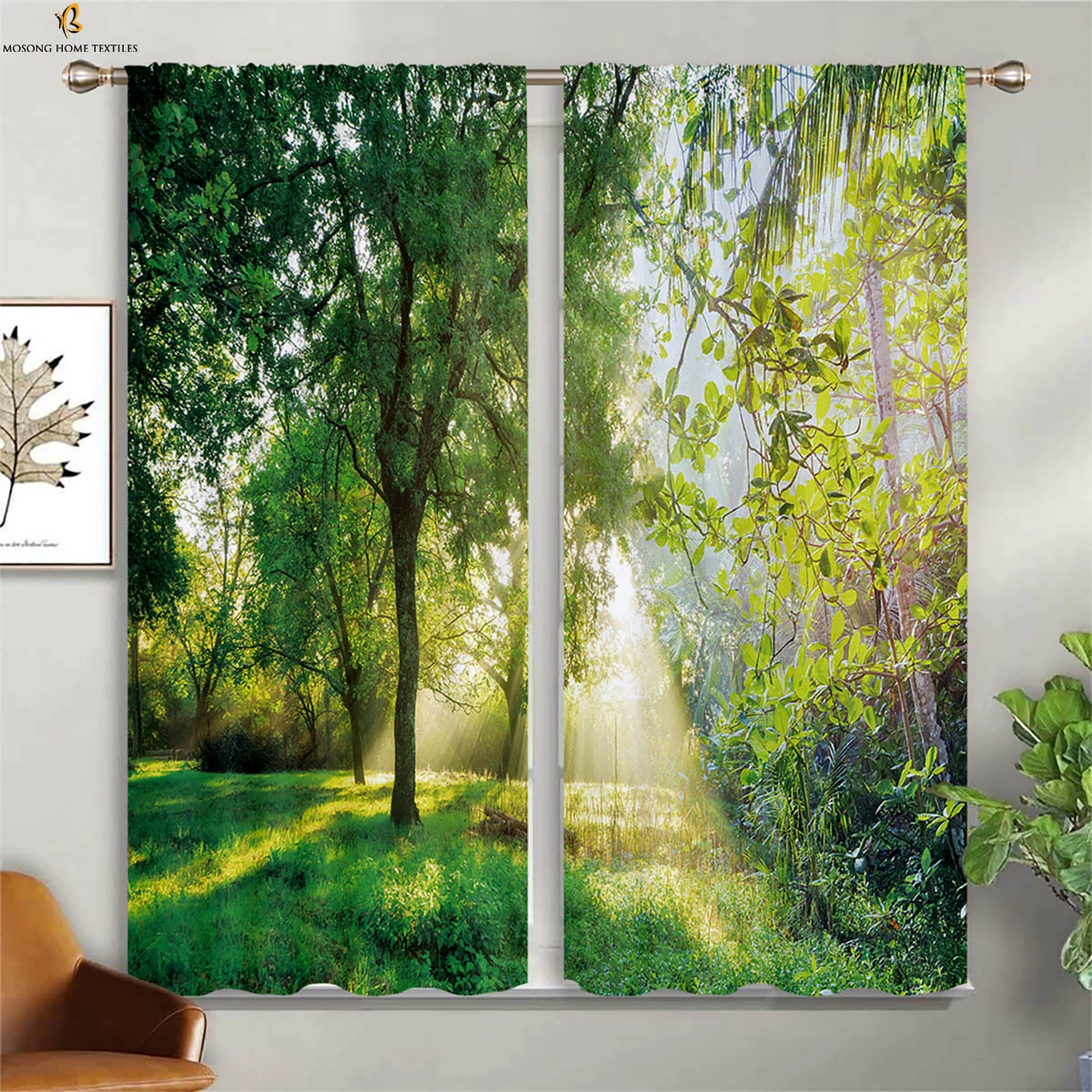 2pcs Sunlit Green Forest Print Polyester Curtains, Rod Pocket Blackout Thermal Drapes for Bedroom Living Room