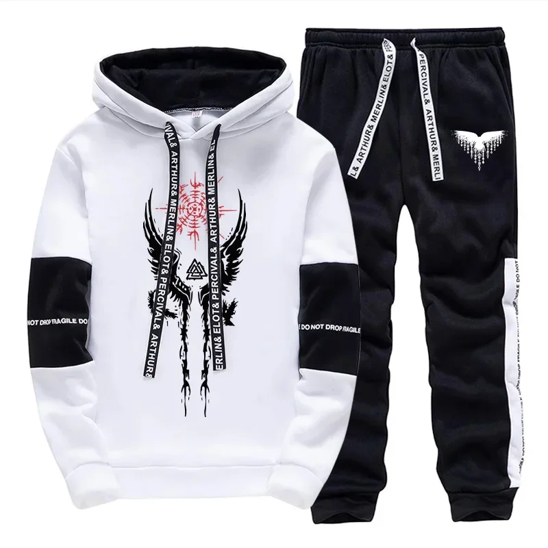 

Trendy 2025 Viking Raven Print Hooded Tracksuit Men Winter Autumn Casual Jogging Outfit Athletic Sportswear Sweatpants