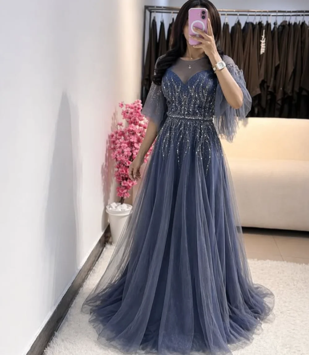 Customized Exquisite Net Pleat Sequined Pattern A-line O-Neck Long Evening Prom Dresses Luxury Modern Style