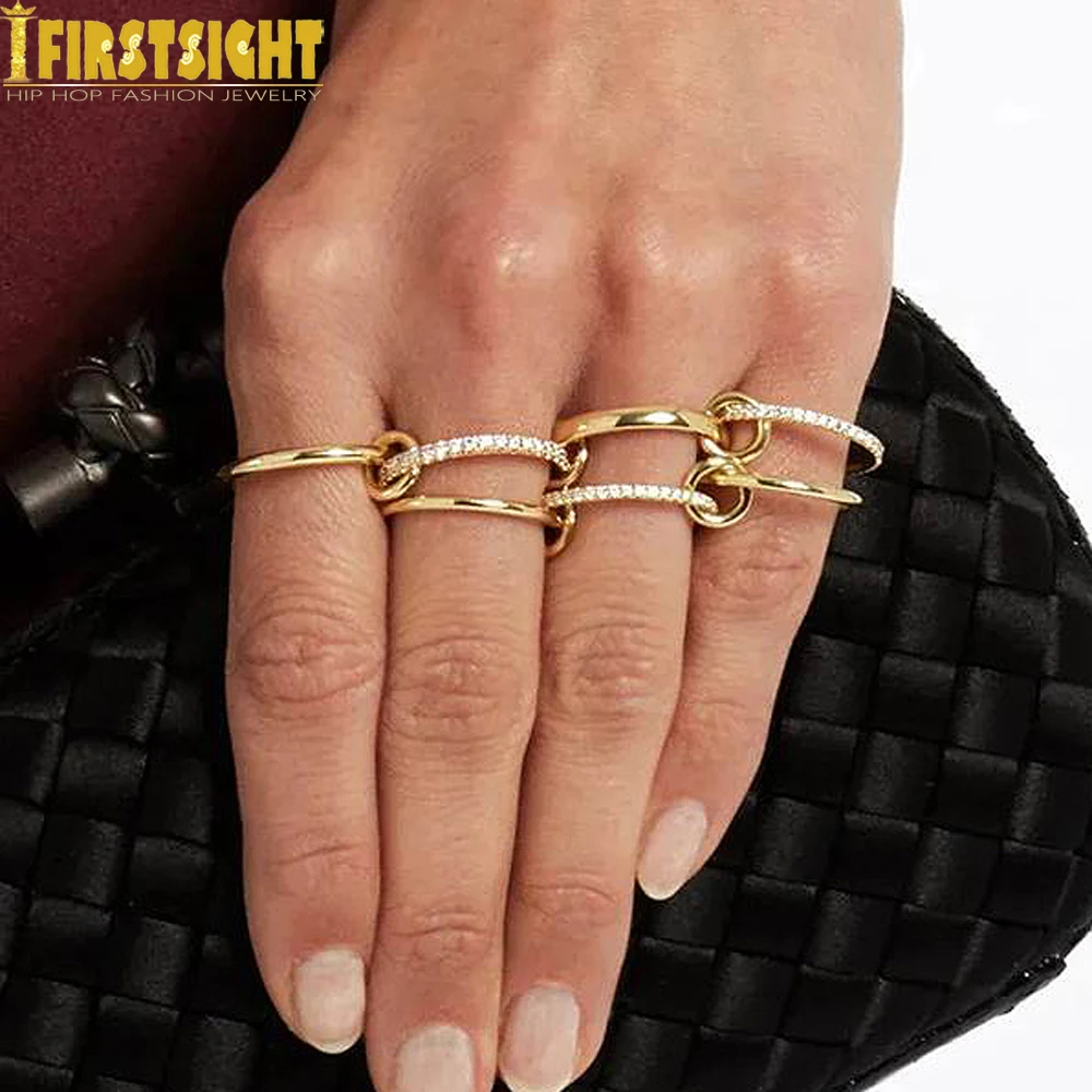 New Iced Out 4PCS Connect Band Finger Ring Two Tone Gold Color Zircon Rings For Women Fashion Jewelry