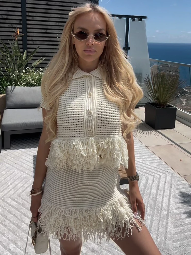 

HH Women Mini Skirts Set Short Sleeve Lapel Single-Breasted Fringe Decorate Tops+High Waist A-Line Skirt Female Knitted Suit