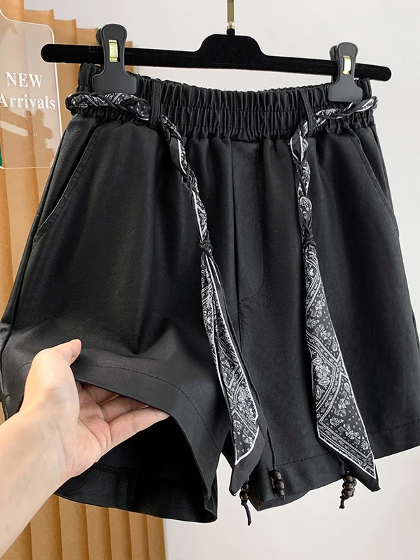 Authentic Leather Shorts High Waist A-Line Wide Leg Pants Casual Style mid Autumn Collection Ladies Fashion Polyester Fiber