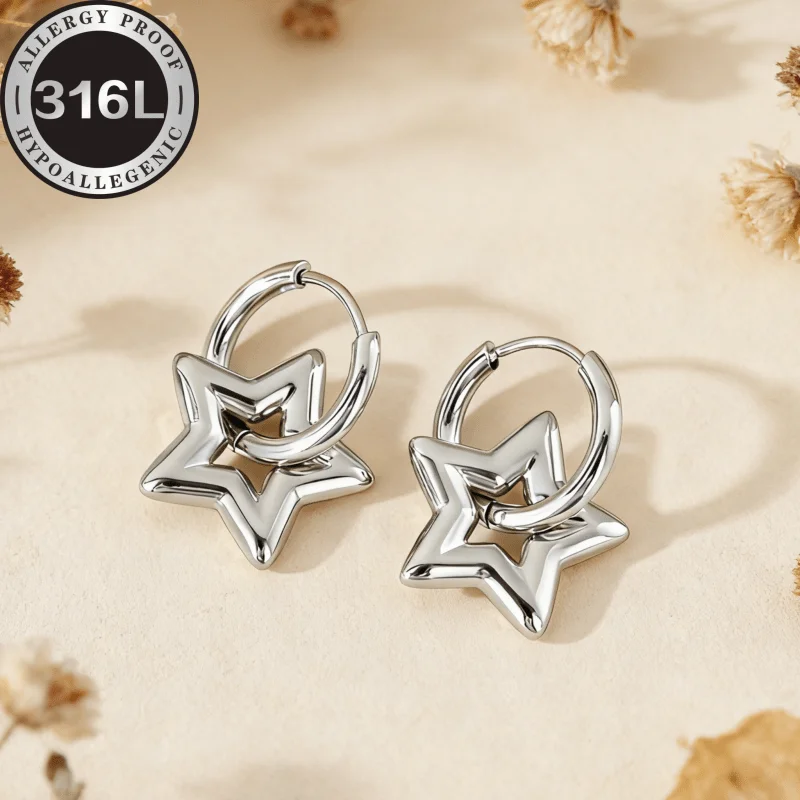 High quality stainless steel hypoallergenic Golden earrings, hollow pentagram shape, anti-fading, suitable for skin-friendly
