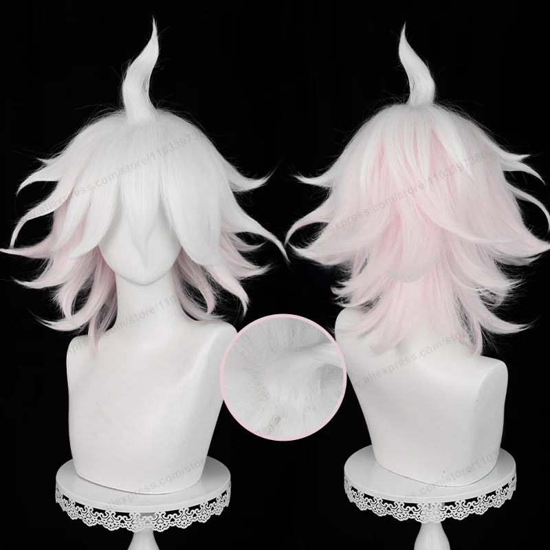 Nagito Komaeda-peluca sintética resistente al calor para Cosplay, pelo corto degradado, color rosa y blanco, 37cm