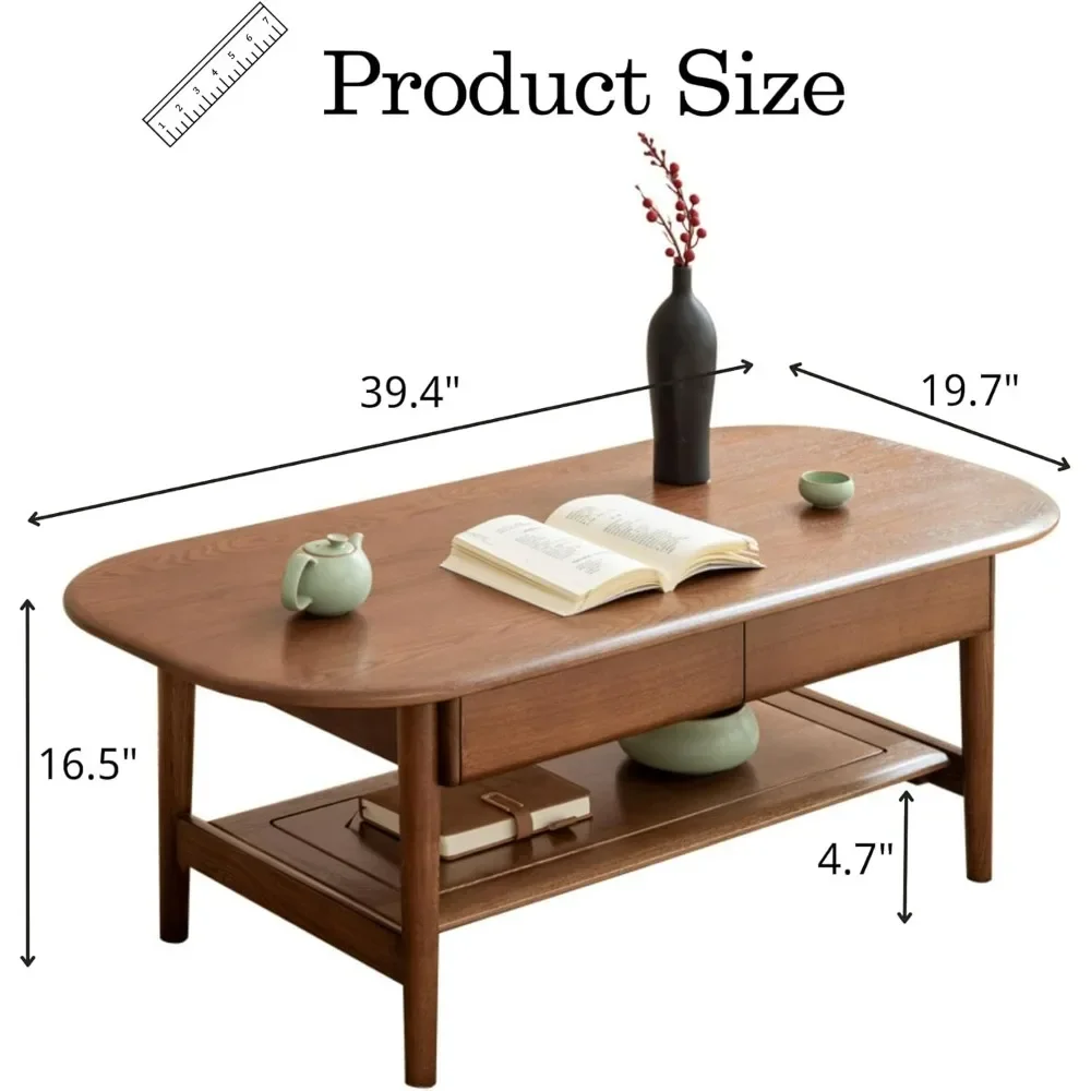 Tavolino da caffè in legno massello, tavolini da caffè da 39.4 "per soggiorno, tavolino da caffè in noce con 2 cassetti e ripiano aperto (39.4")