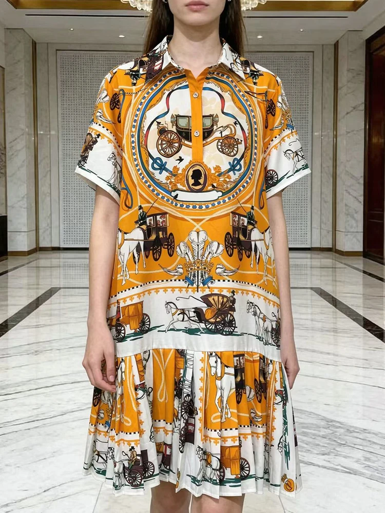 2026 Summer Women's Clothing Retro Geometric Print Lapel Pullover Large Size Shirt Dress Fashion Smocked Tutu Skirt Loose Dress