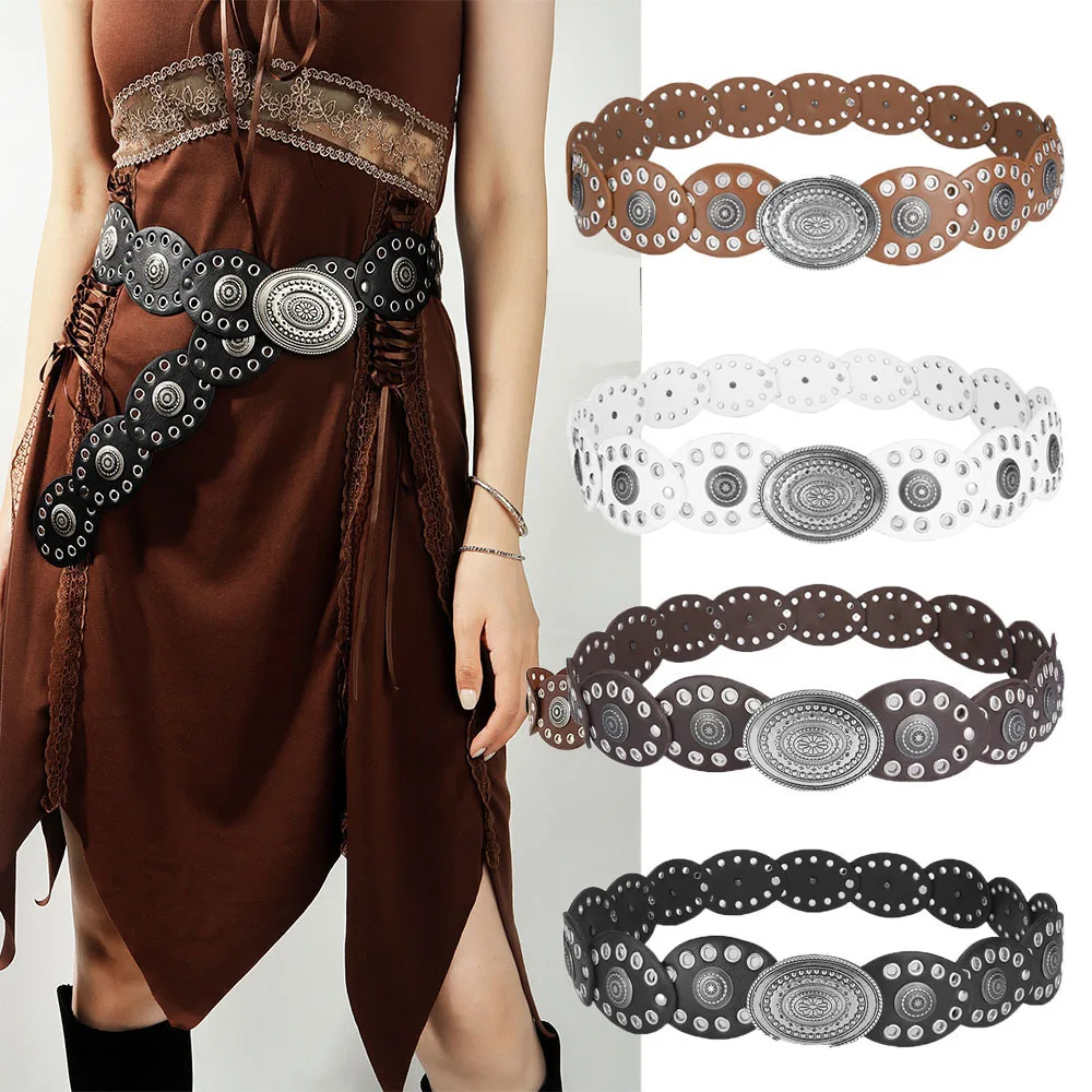 

Women Adjustable Vintage Disc Belt Cowgirl Hollow-Out Metal Oval PU Eyelet Waistband Jeans Dress Decorative Retro Punk Belts