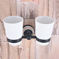 Oil Rubbed Bronze Wall Mounted Dual Cup Holder Toothbrush Holder W/ Two Ceramic Cups Nba710