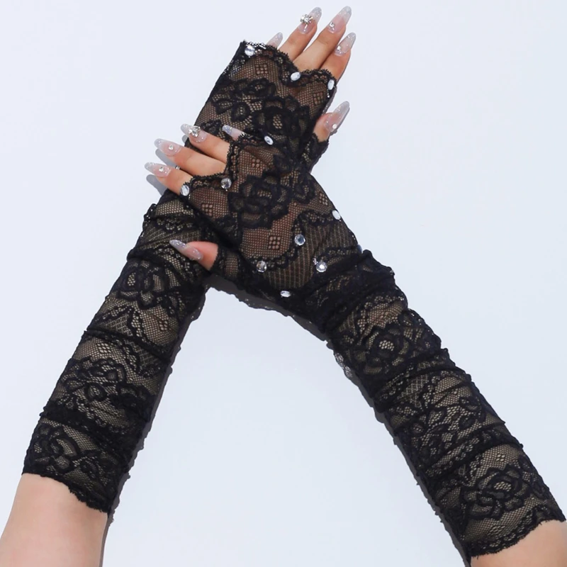 

Sexy Black Long Rhinestone Decorate Arm Sleeves Spicy Girl Fingerless Elbow Elastic Gloves For Driving Cycling Party Nightclub