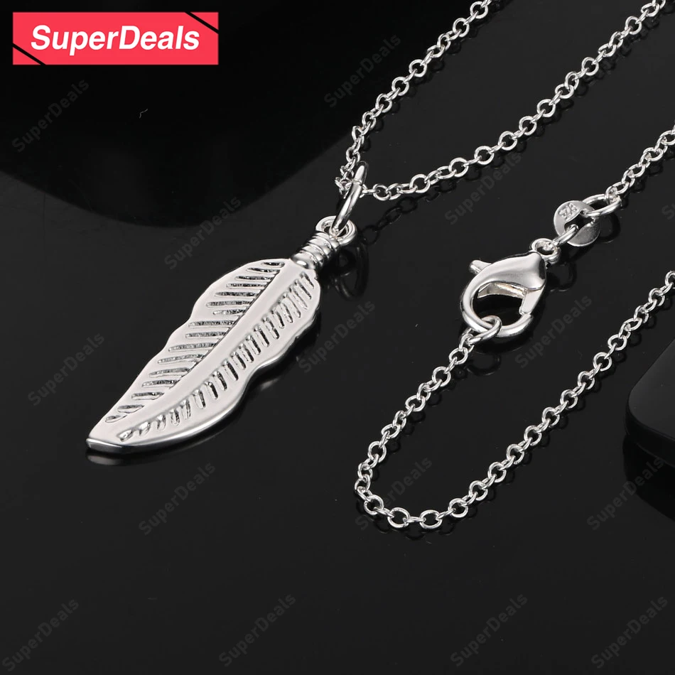 

SuperDeals 925 Sterling Silver Feather Pendant Necklace Girls Birthday Gift Exquisite Beautiful Fashion Party Creative Jewelry