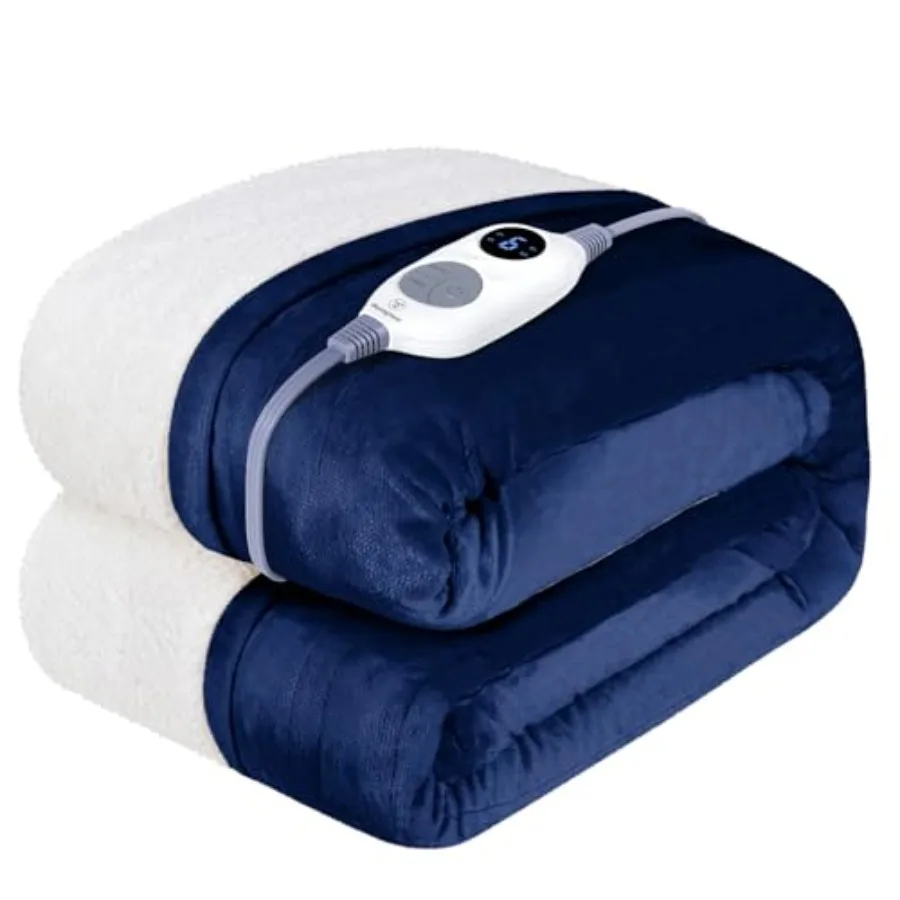 

Electric Blanket Heated Throw 6 Heating Levels and 4 Hours Auto Off Flannel to Sherpa Reversible 50x60 Machine Washable Navy Bl