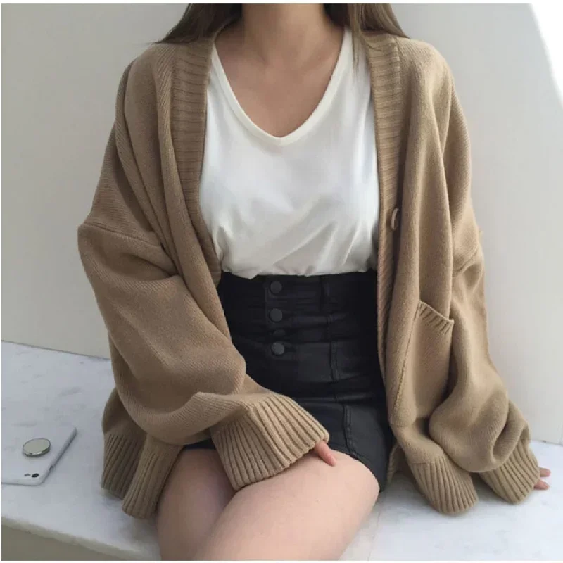 Cárdigan de gran tamaño de Color liso para Mujer, ropa de Otoño Invierno, suéter informal elegante de punto grueso, Tops, jersey para Mujer