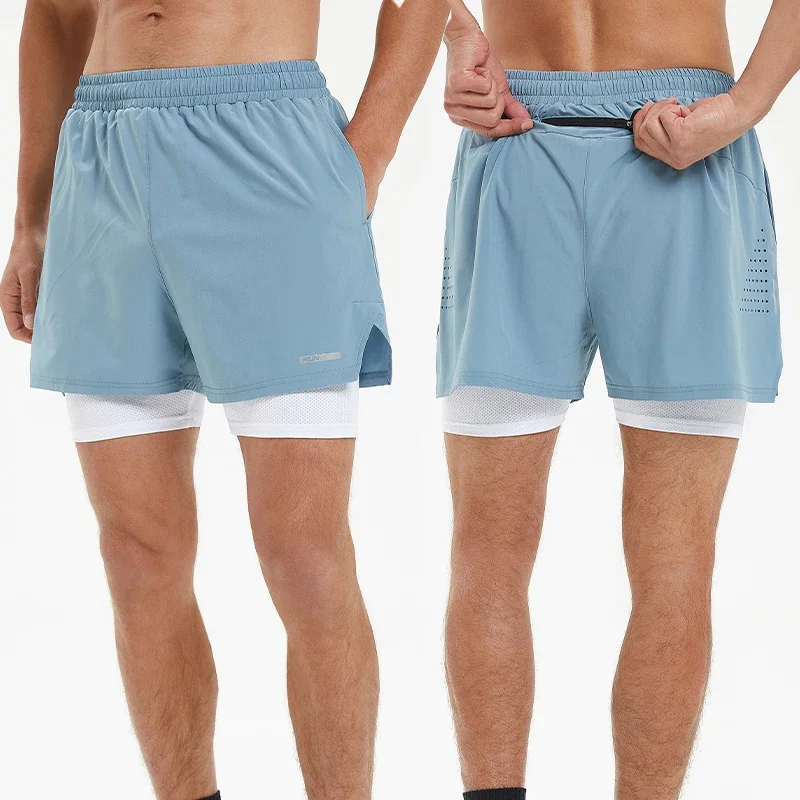 Men Summer Swim Shorts Sportswear 2 in 1 Compression Jogging Short Beach Casual Pants Double-deck Bottoms with Zipper Pockets