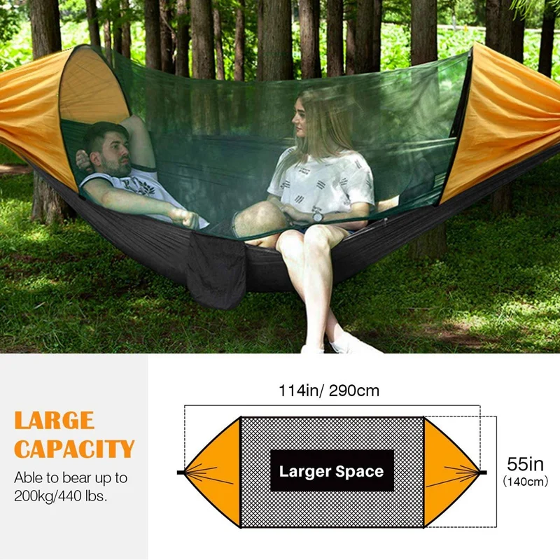 2X Portable Automatic Camping Hammock With Mosquito Net,Folding Multi Use Hammock Swing For Outdoor Camping,Black&Yellow