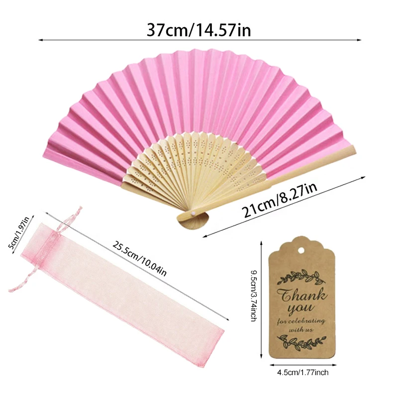15~60Pcs Set Foldable Pink Paper Fans Bulk Hand Fan with Sheer Pouch & Gift Tag for Bridesmaid Proposal Home Decor DIY Craft TMZ