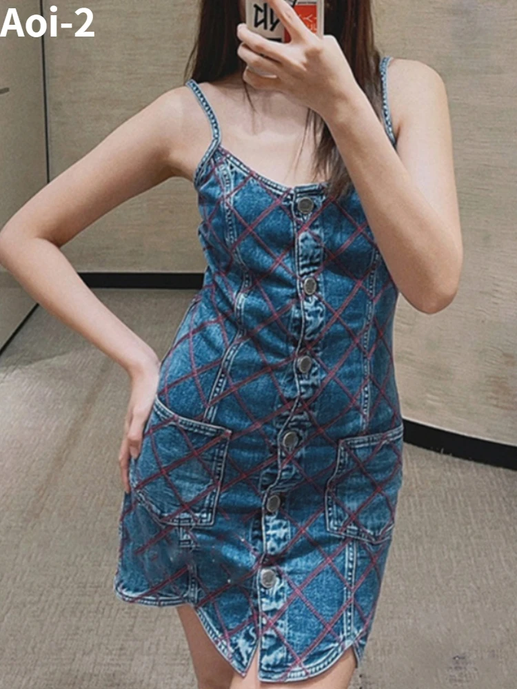 

Fashion Vintage Denim Dress Women 2023 Summer New High Quality French Style Slim Fit Elegant Sling Short Skirt Streetwear