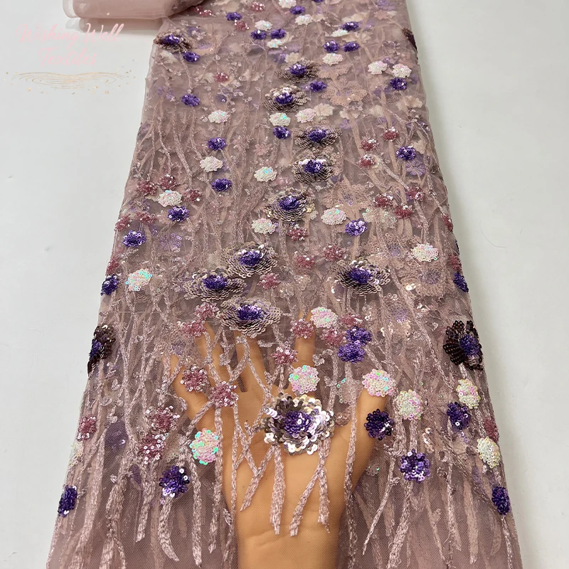 French blue lace mesh fabric, African handicraft flower sequin embroidery fabric, high-quality, dress sewing fabric