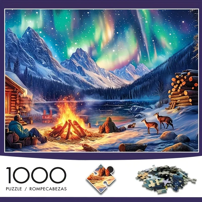 Aurora Borealis Winter Campfire Scene Puzzle für Erwachsene, Natur-Thema, geistiges Spiel, Heim- und Freizeit, dekoratives Puzzle-Spielzeug