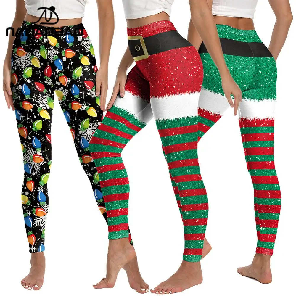 NADANBAO Women Ugly Christmas Leggings String Light Pattern Pants Red Green Stripe Leggings Fitness Workout Trousers Party Gifts