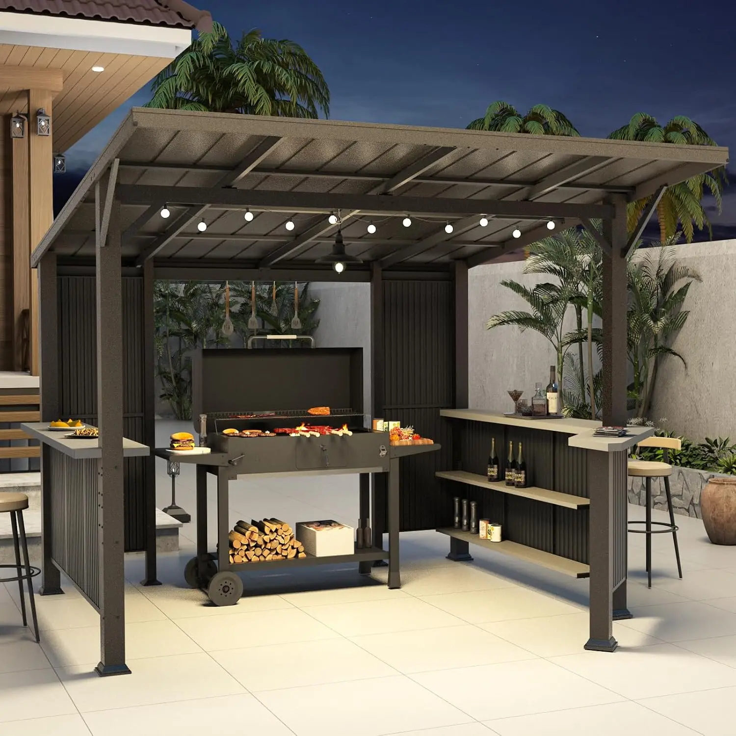 10'x 10' Hardtop Grill Gazebo, Outdoor BBQ Gazebo with Storage Shelves and Expansion Platform, Permanent Galvanized, Customized view 2