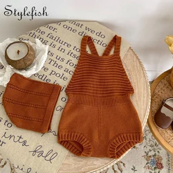 Spring Outfit Baby Girl Caramel Colored Shoulder Strap Knitted Jumpsuit Climbing Suit+Hat Can Be Separated