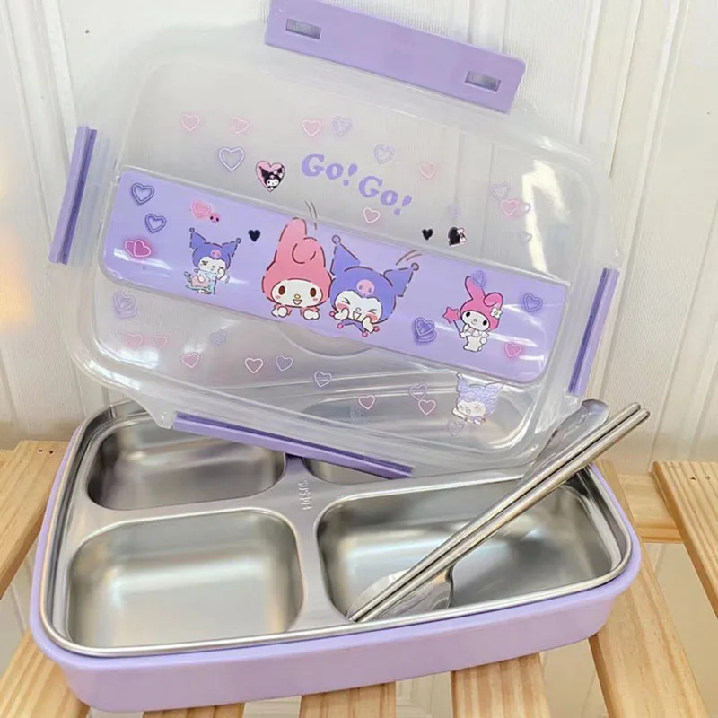 

Kawaii Stainless Steel Divider Lunch Box Kuromi My Melody Cinnamoroll Child Anime Sanrio Portable Lunch Box with Cutlery