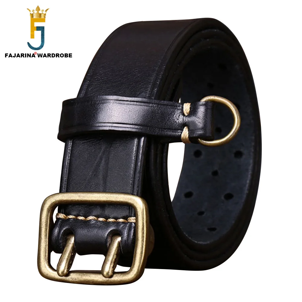 FAJARINA Top Quality Solid Cowskin Leather Brass Double Pin Buckle Belt 3.8cm Wide