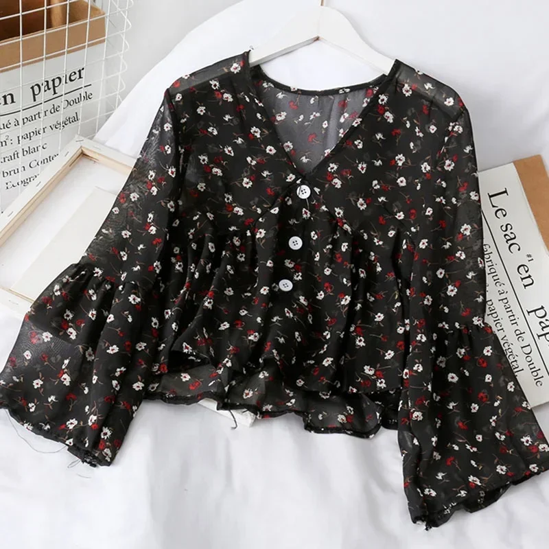 2024 New Women's  V Neck Floral Print Sweet Small Fresh Long Sleeves Chiffon Shirt Blouses