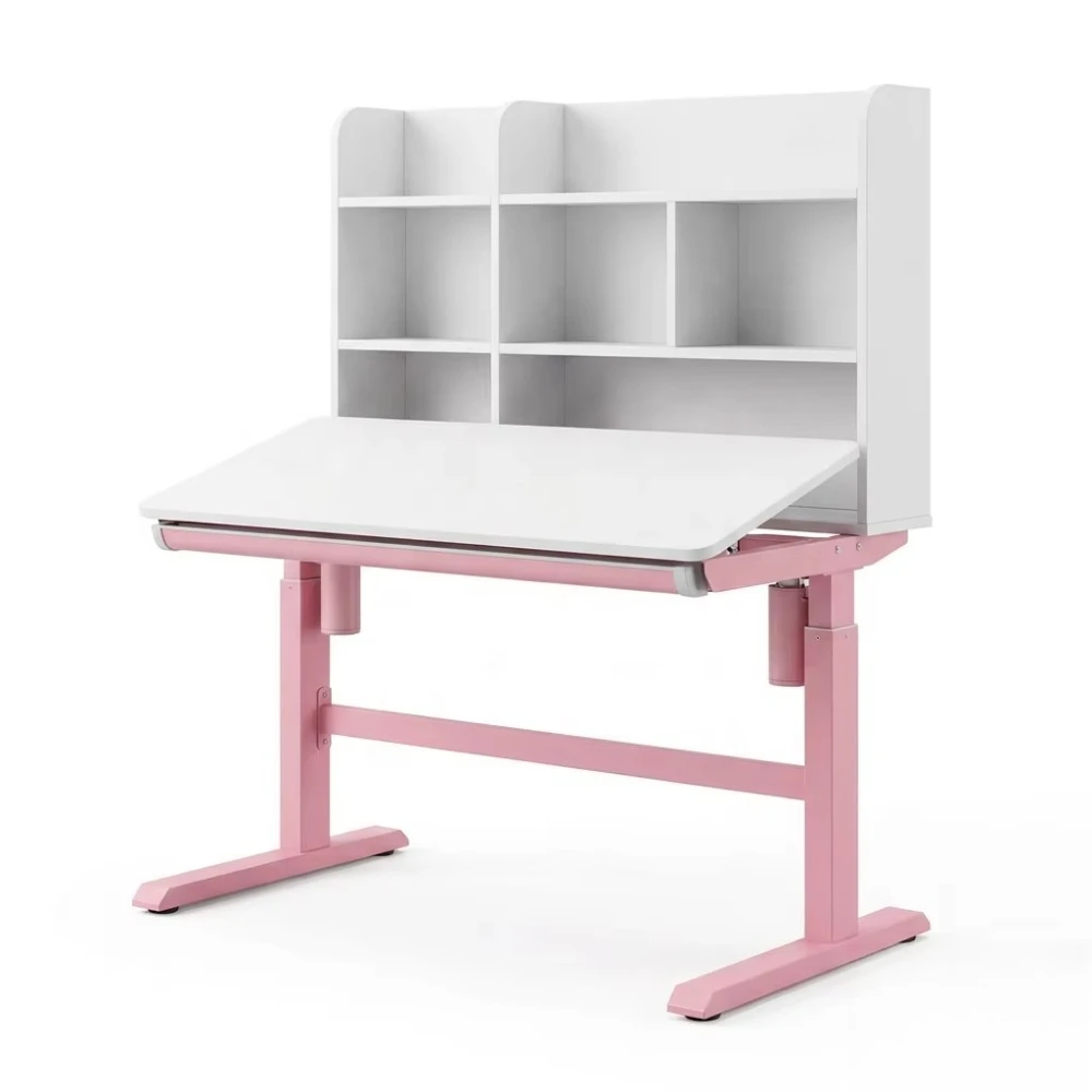 Children's metal learning desk with 3 motors, adjustable height, tilted top bookshelf, pink and blue, for school use
