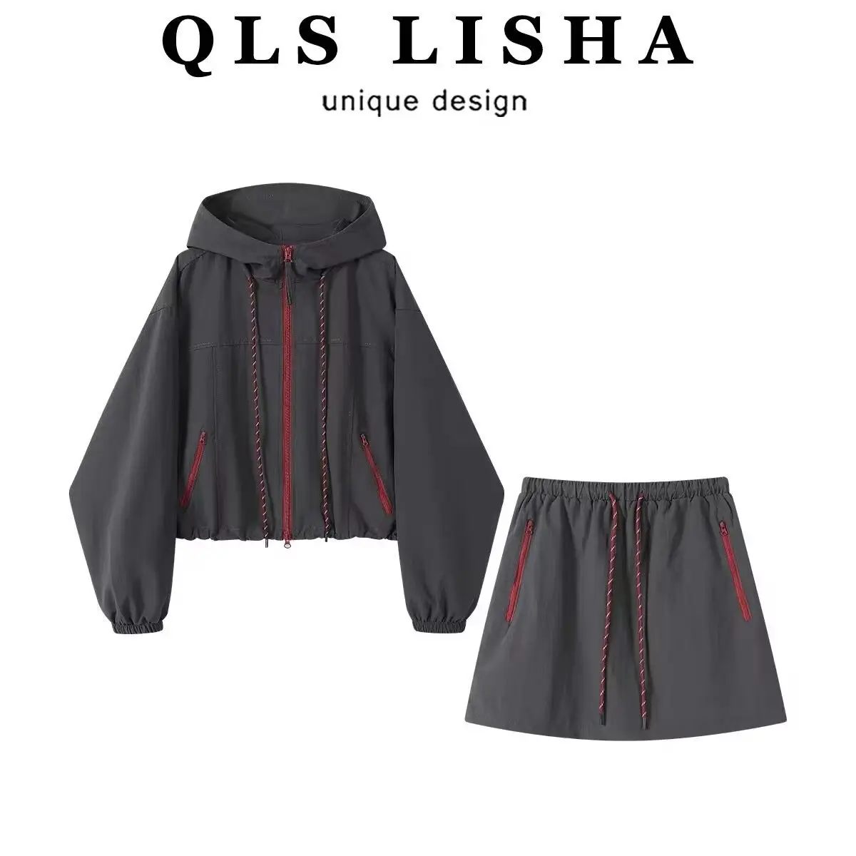 

Комплект для женщин больших размеров: короткая юбка с высокой талией и свободный кардиган с длинными рукавами и капюшоном на пояске. Осенний модный повседневный наряд.