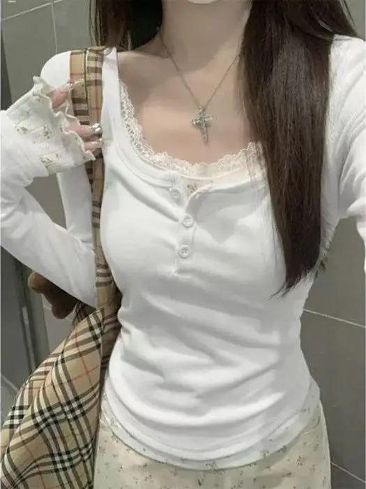 

Korean Sle Long Sve Lace T-irt Women's Slim Splice Fleautiful Slimming Top Trendy Ins Pure Desirable Age Reduction