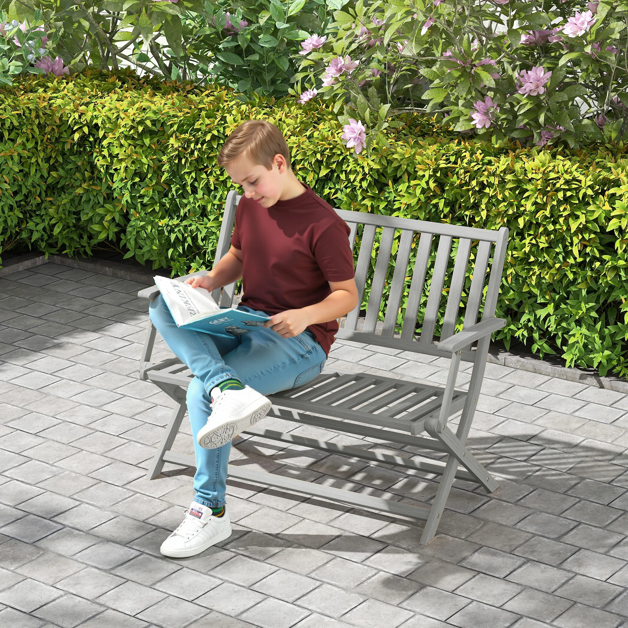 Wood Outdoor Bench, 2-Person Foldable Patio Garden Bench, Gray