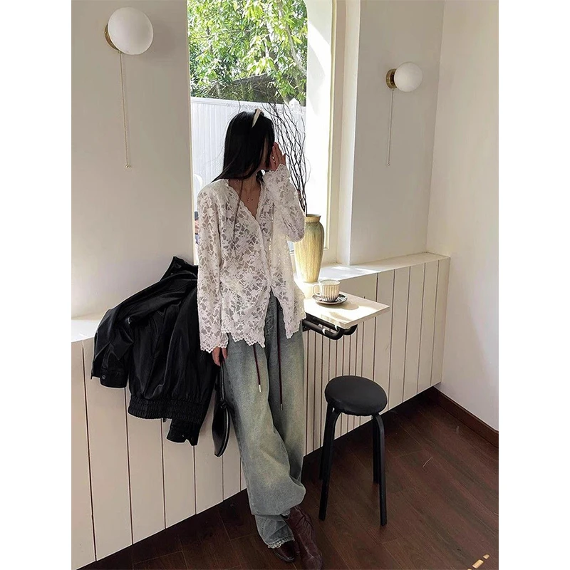 Y2k renda pura camisas pretas mulheres streetwear sexy oco para fora blusas brancas coreano estética manga longa chique proteção solar topos