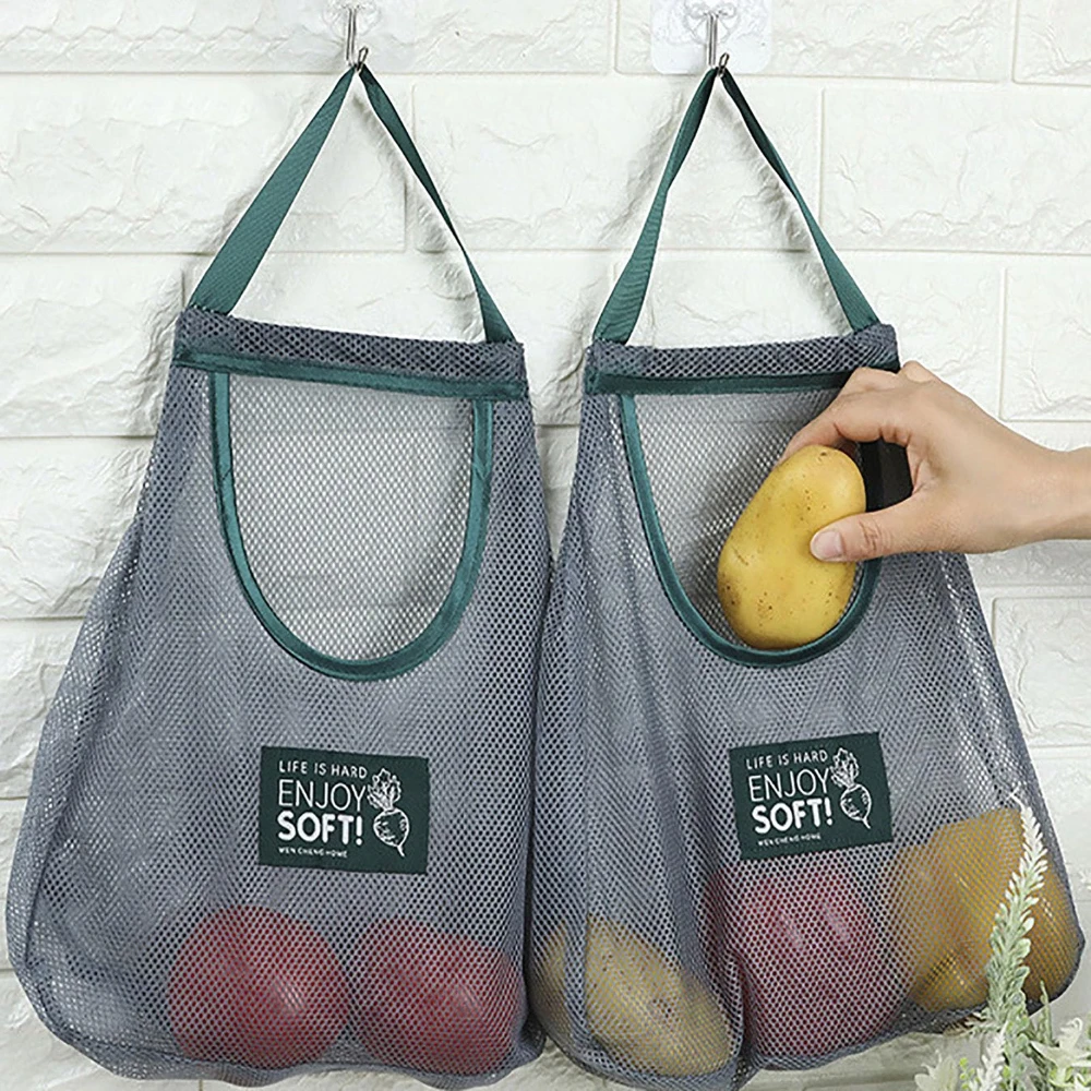 Reusable Mesh Produce Bags Hanging Home Fruit and Vegetable Storage Net Bag for Ginger Garlic Potatoes Onions