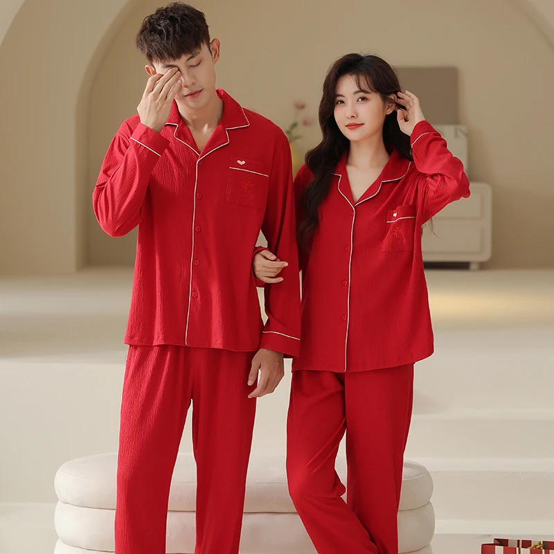 Big Size M-4XL Couple Pajama Sets Long Sleeve Knited Cotton Leisure Spring and Autumn Turn-down Collar Solid Loungewear