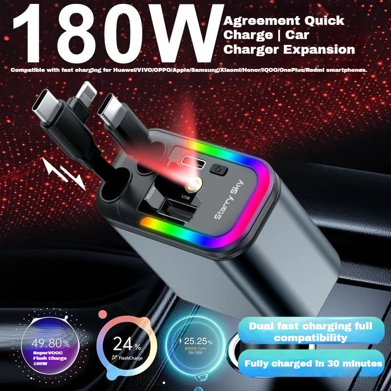 5-in-1 Car Charger with 2 Retractable Cable 180W Fast Charger Power Adapter Car Charger With Starlight For IOS Android Phones