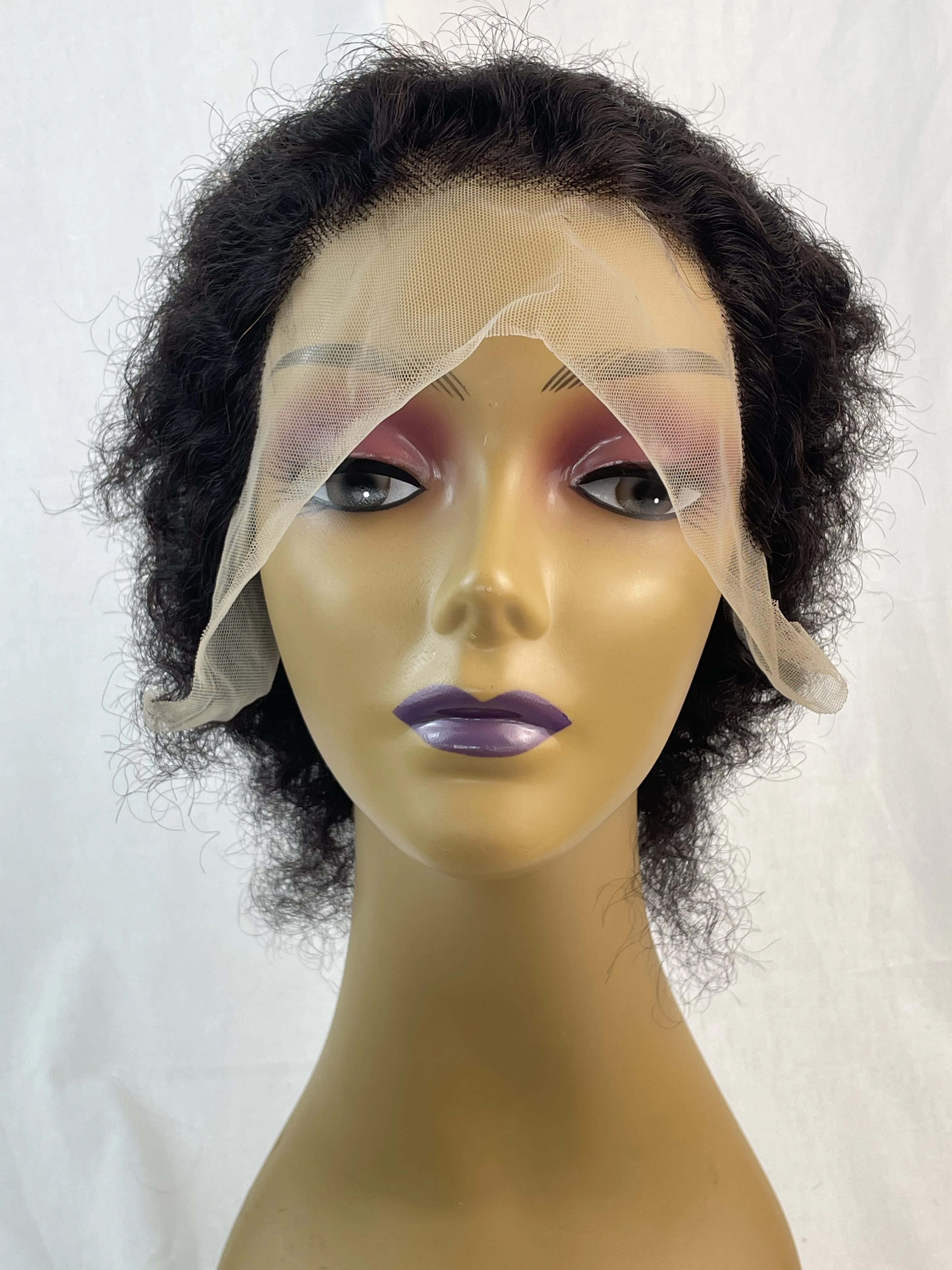 ナチュラルブラックカラー ピクシーショートカール 100%人毛ウィッグ 13x1レースフロントウィッグ 人毛ショートカール