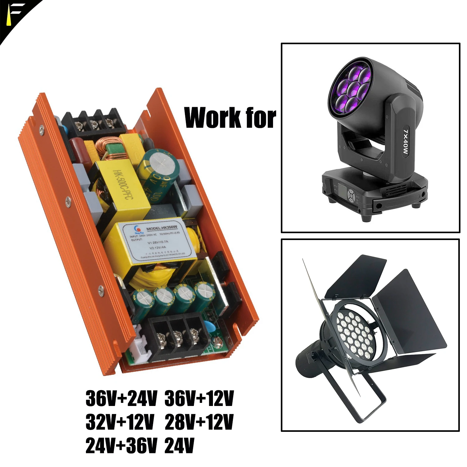 

LED 7x40W Bee Wash Beam Spot Stage Light Power Source Supply HK-A350W 350W 28V+12V 36V+12V