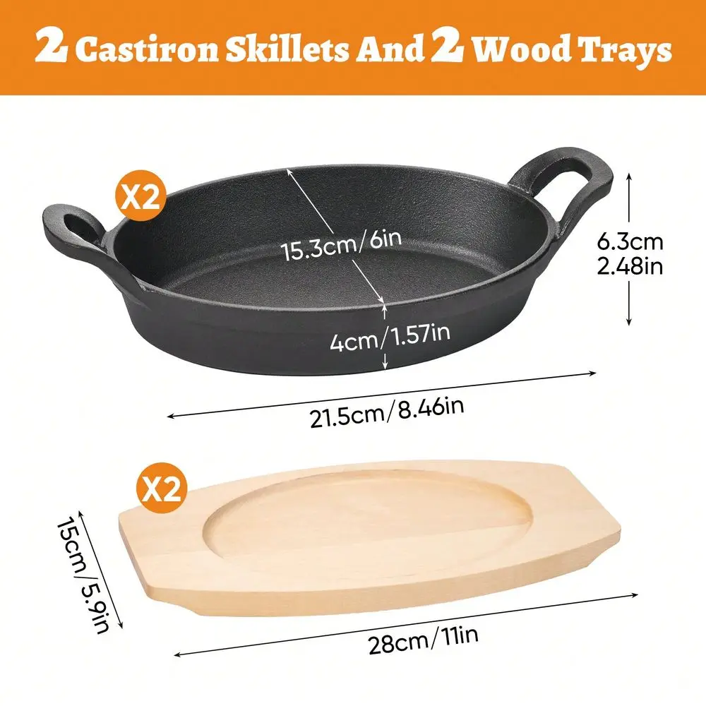 Sartén ovalada de hierro fundido con base de madera, bandeja antiadherente para asar carne, pizza, pasta, utensilios de cocina duraderos para horno, parrilla de estufa