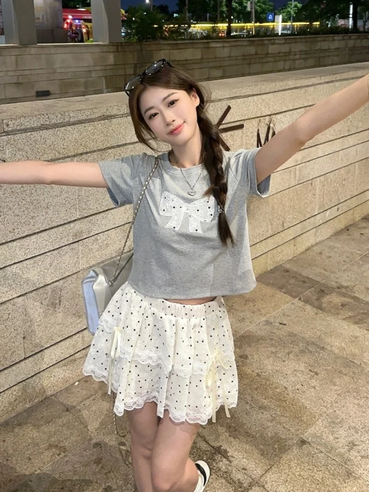 

Sweet Youthful Summer Outfit Women's Knot ort Sve T-irt Polka Dot Lace Skirt Two Piece Set Faionable ...