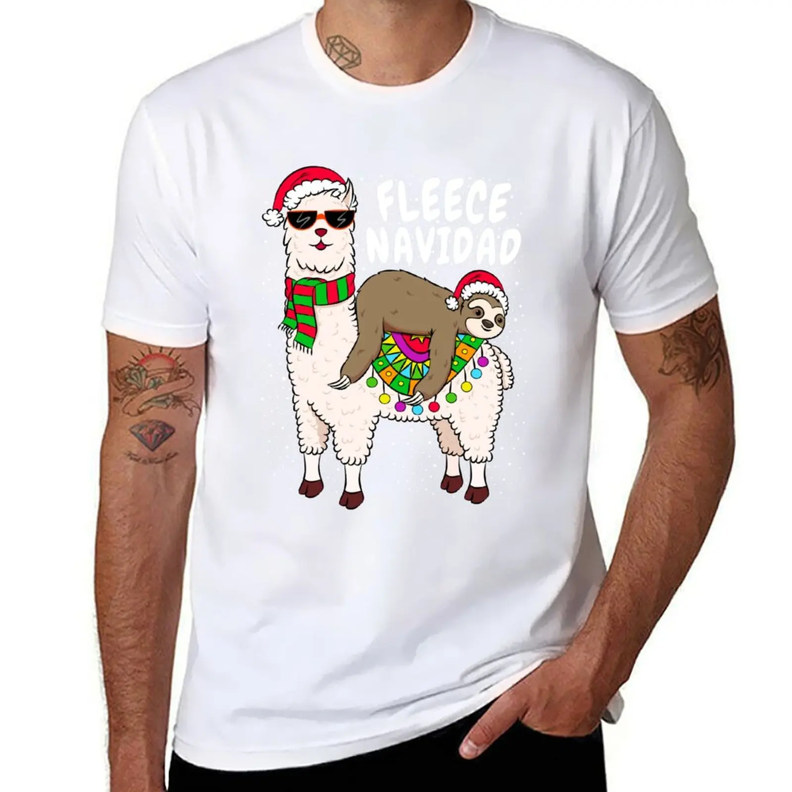 

Fleece Feliz Navidad Sloth Riding Llama Christmas Sweater T-Shirt anime tshirt t shirts designer T-Shirt