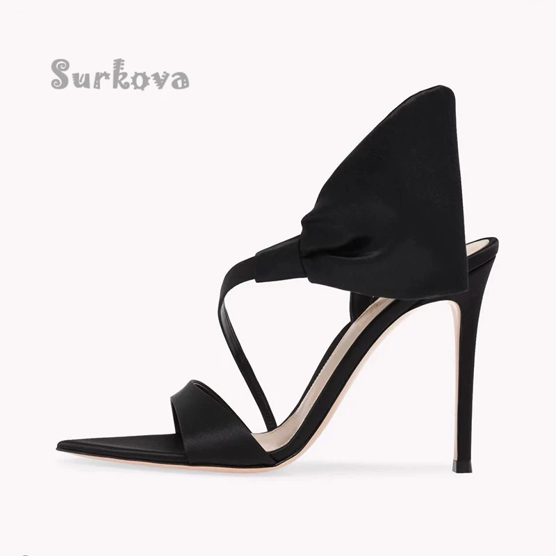 Elegant Pointed Toe Satin Pumps Retro Open-Toe Stilettos Sexy Summer High Heels Shoes T-Strap Bowknot Banquet Wedding Sandals