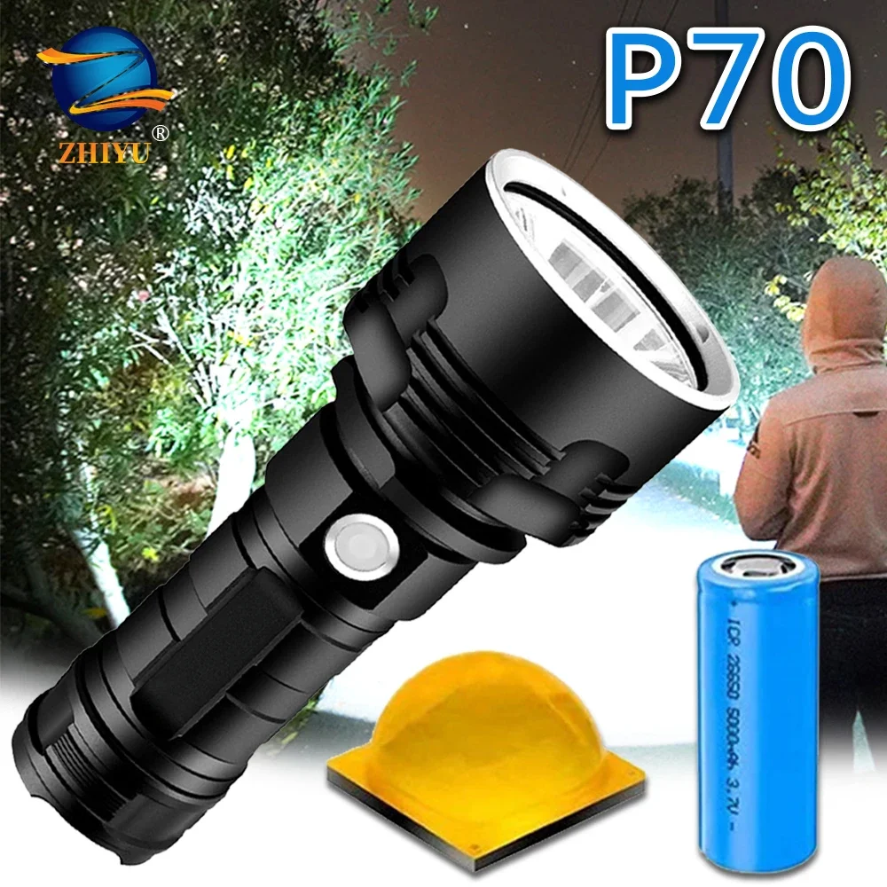 Linterna LED súper potente L2 P70, linterna táctica recargable de largo alcance, lámpara impermeable, linterna ultrabrillante para exteriores,