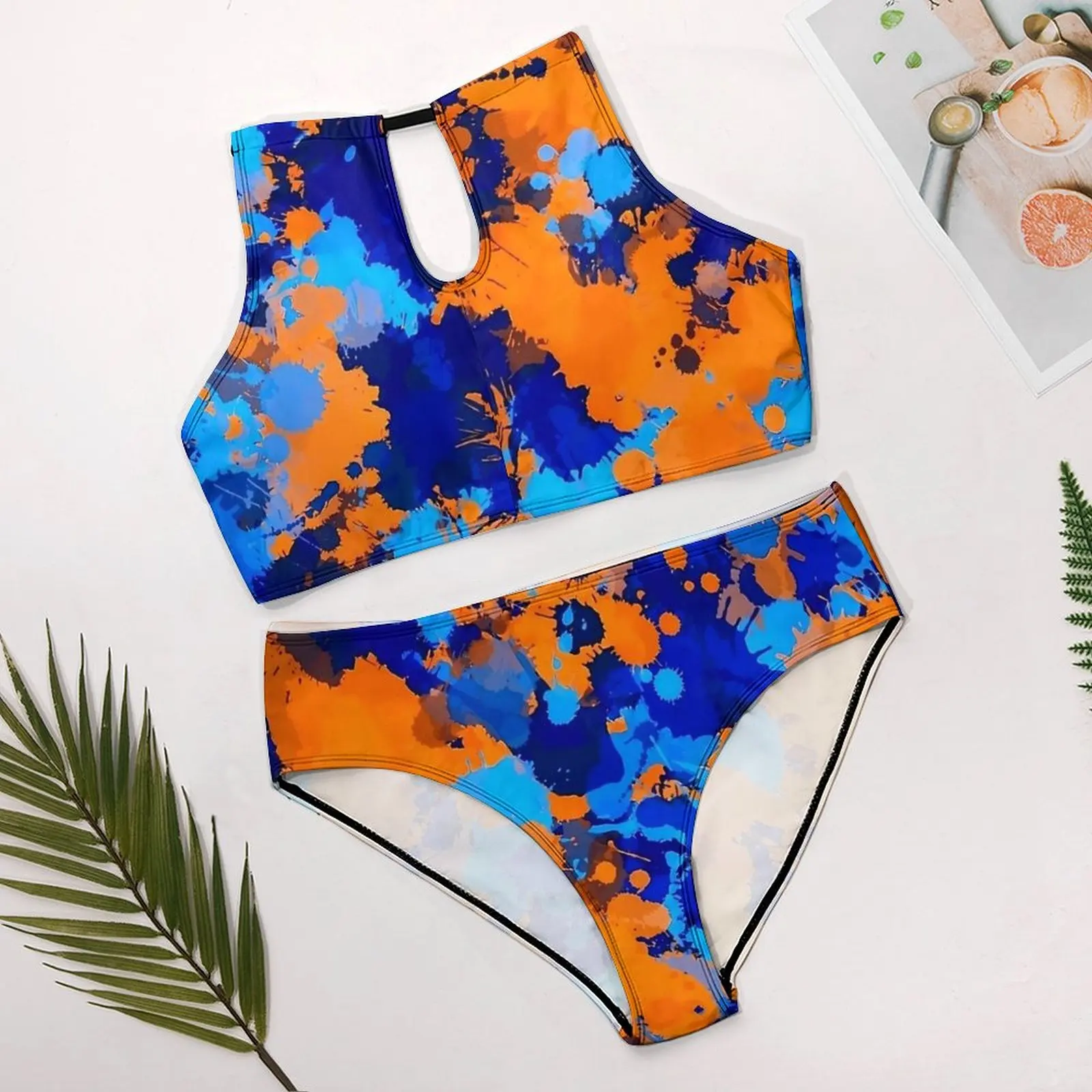 Conjunto de Bikinis con grafiti azul y naranja, traje de baño Sexy con estampado de pintura, traje de baño con tirantes de realce, trajes de baño personalizados