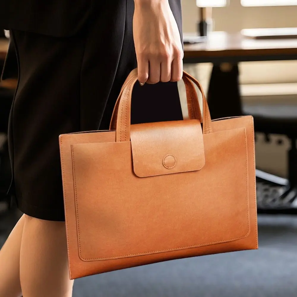 Large Capacity A4 Leather Document Bag Magnetic Button Simple Waterproof Laptop Cases Anti-Scratch Elegant File Storage Bag