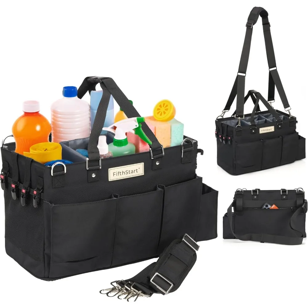

Multiuse Cleaning Caddy with Adjustable Straps, 9 Pockets Tote Bag for Housekeeping and Organizing, Black Large Organizer